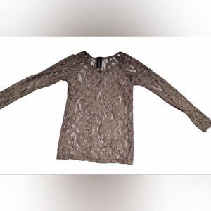 Zara Women's Khaki Green/Brown Long-Sleeve Lace Cut-Out Blouse/Top